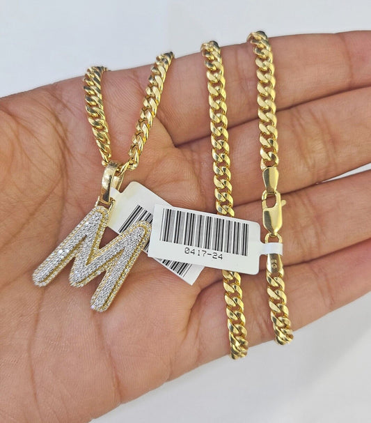 10k Miami Cuban Chain M Diamond Charm Set 4mm 18 - 26"Yellow Gold Necklace Pendant - GoldenlinQ