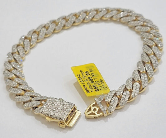 10k Miami cuban Gold & Diamond Bracelet 10mm 7 CT Natural Diamonds Solid - Reva Jeweler