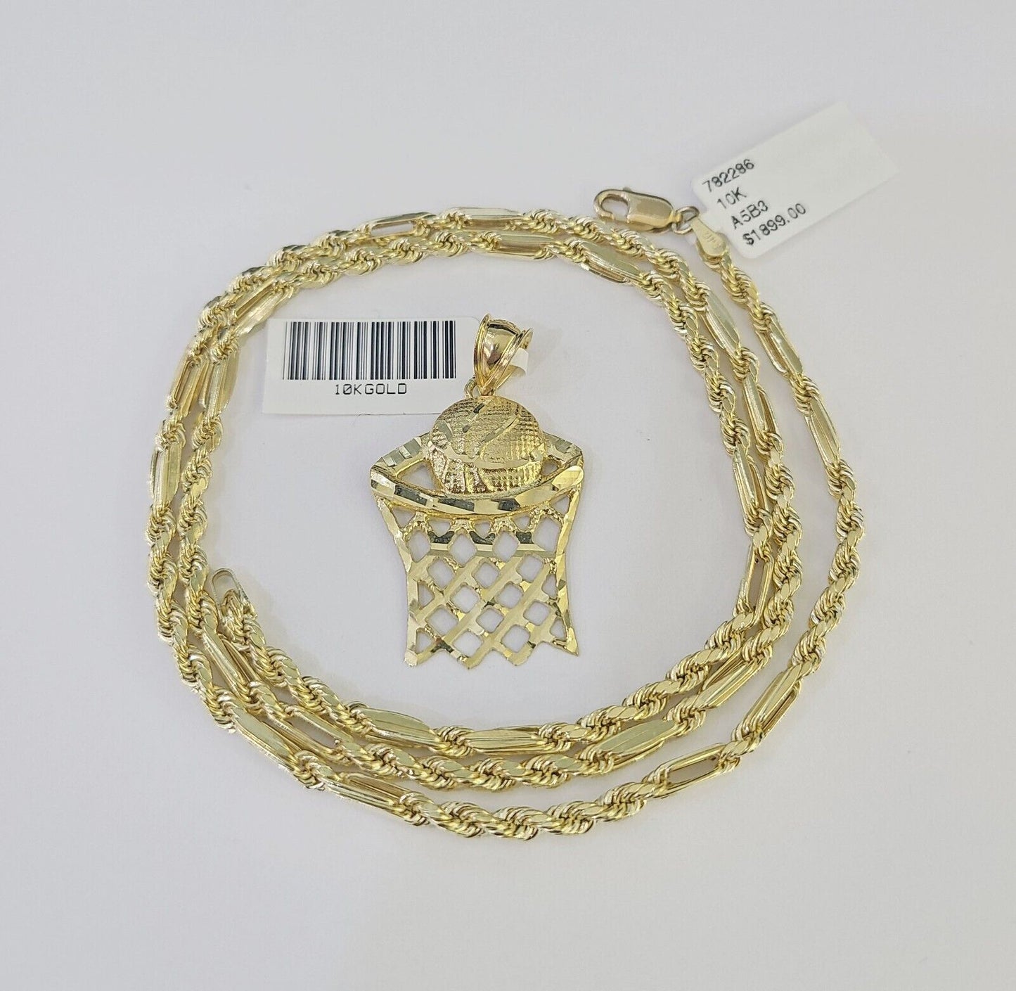 10k Milano Rope Chain Basketball Goal Charm Necklace SET 3mm 18" 20" 22" 24" - GoldenlinQ