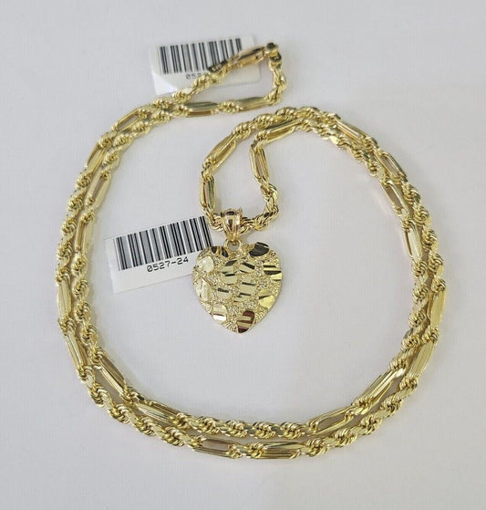 10k Milano Rope Chain Heart Charm Necklace SET 3mm 18" 20" 22" 24" Pendant - GoldenlinQ
