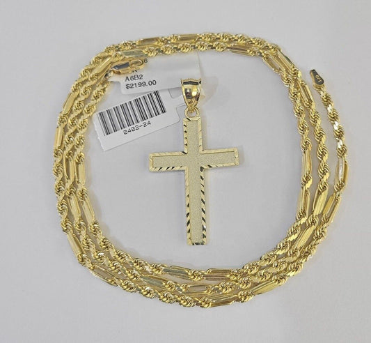 10k Milano Rope Chain Jesus Cross Charm Necklace SET 3mm 18" 20" 22" 24" - GoldenlinQ