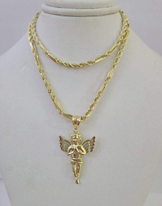 10k Milano Rope Chain Praying Angel Charm Necklace SET 3mm 18" - 26" Pendant - GoldenlinQ