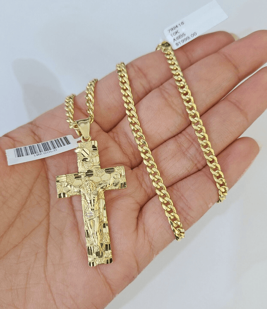 10k Nugget Cross Charm Miami Cuban Chain 4mm 22 inch SET Yellow Gold - Reva Jeweler