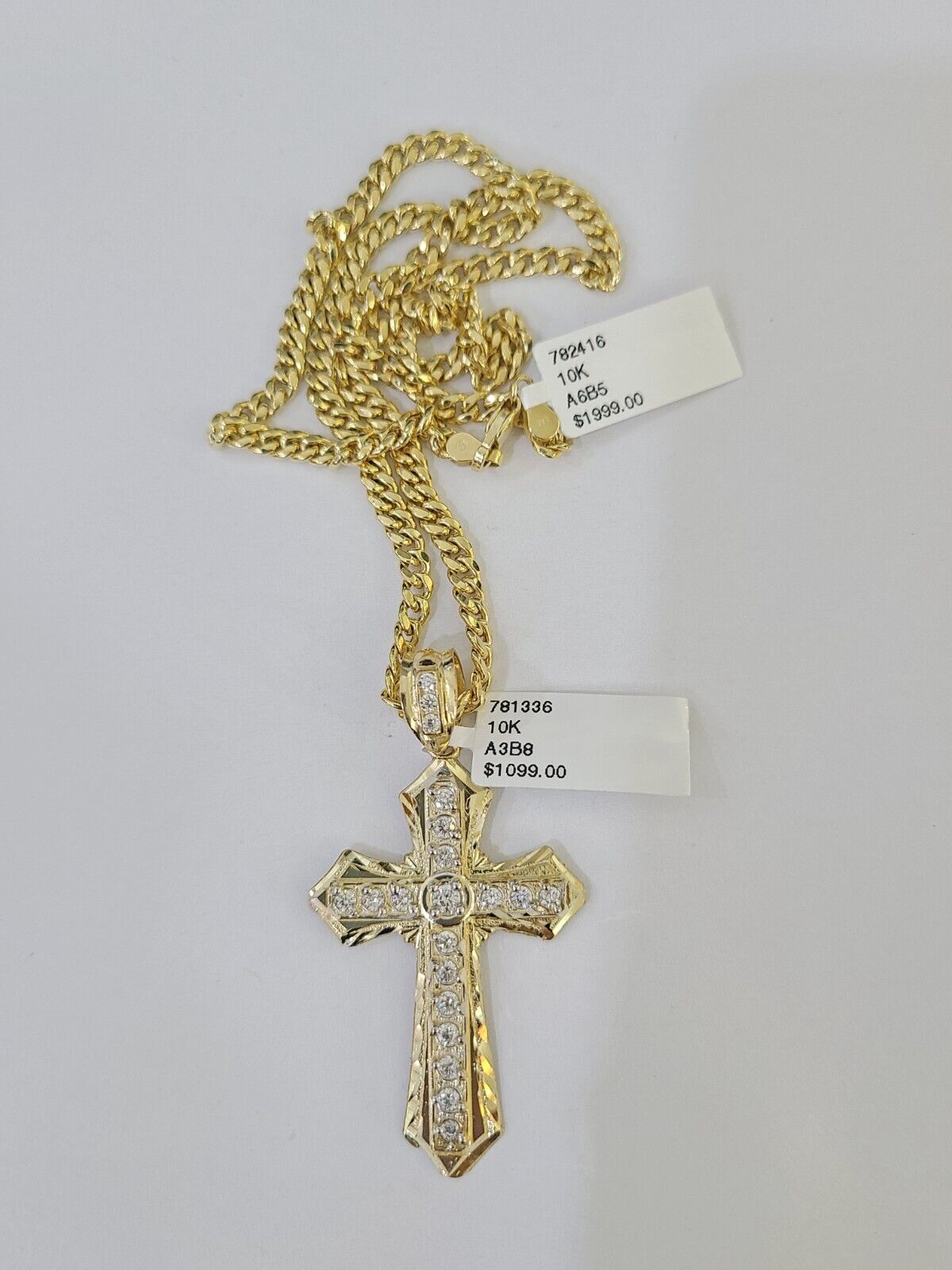 10k Nugget Cross Charm Miami Cuban Chain 4mm 22 inch SET Yellow Gold - Reva Jeweler