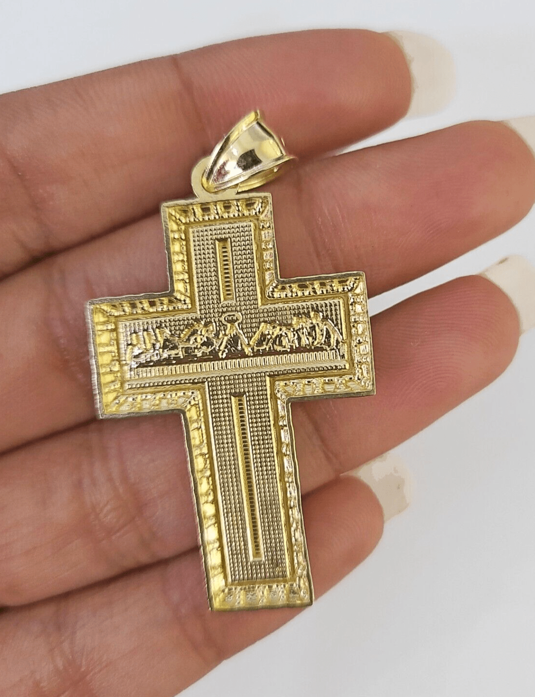 10k Real Last Supper Cross Charm Pendant Yellow Gold Men Women Diamond cuts 2" - GoldenlinQ
