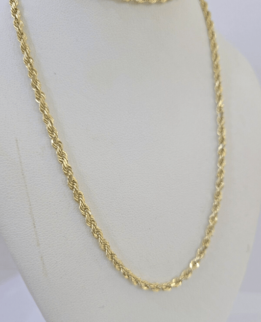 10k Real Solid Yellow Gold Rope Chain Women Men Diamond Cut 3mm 22 Inches - Reva Jeweler