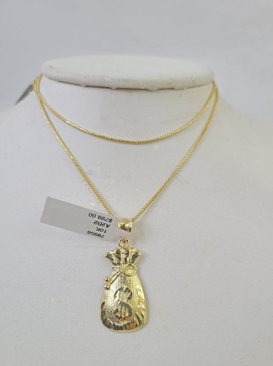 10K Solid Franco Chain Money Bag Pendant Dollar Charm Necklace 18" - 24" 1.5mm - GoldenlinQ