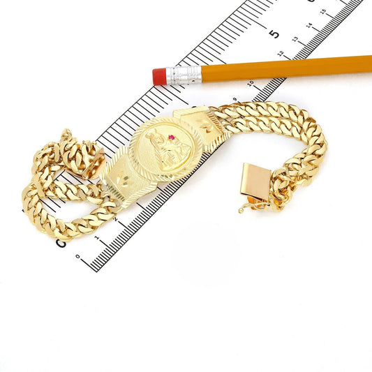 10k Solid Gold Saint Barbara Bracelet Cuban Link 8.25inch Box Lock Oro Brazalete - Reva Jeweler