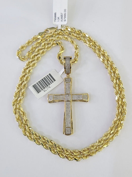 10k Solid Rope Chain Jesus Cross Charm Diamond Set 4mm 20" - 28" Necklace Gold - GoldenlinQ
