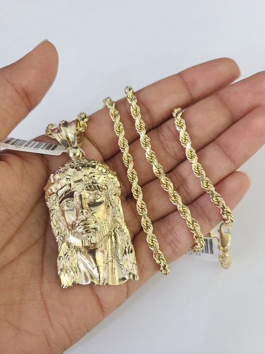 10k Solid Rope Chain Jesus Head Charm Set 4mm 20" - 28" Necklace Gold Yellow - Reva Jeweler