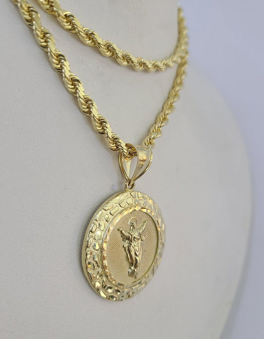 10k Solid Rope Chain Nugget Medallion Guadalupe Charm Set 4mm 18" - 28" Necklace - GoldenlinQ