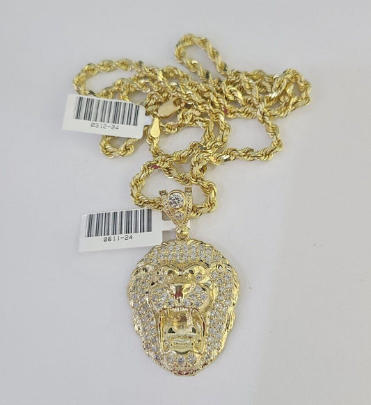 10k Solid Rope Chain Roaring Lion Charm Set 4mm 20" - 28" Necklace Gold Yellow - Reva Jeweler