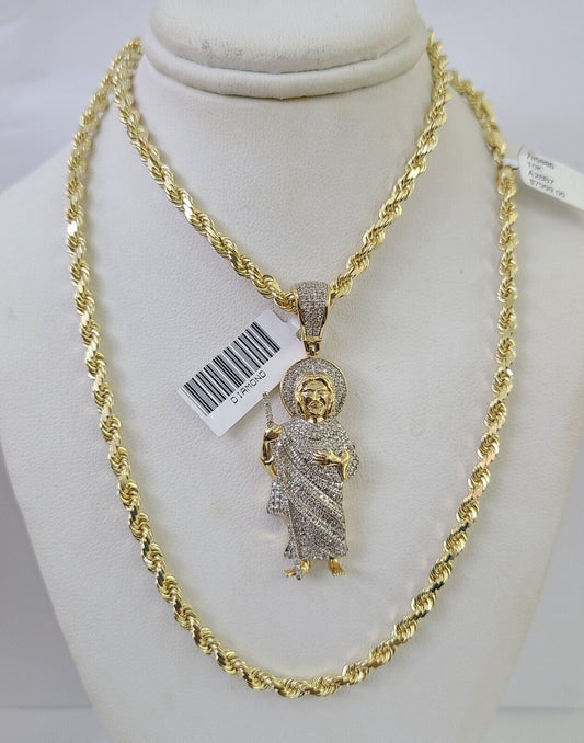 10k Solid Rope Chain Saint Jude Charm Diamond Set 4mm 20" - 28" Necklace Gold - GoldenlinQ