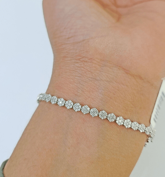 10k White Gold Diamond Flower Bracelet Real Box Clasp Women Genuine - Reva Jeweler