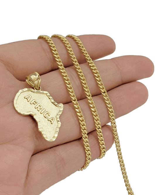 10k Yellow Gold Africa Map Miami Cuban Chain Charm Pendant 18 Inch Necklace SALE - Reva Jeweler