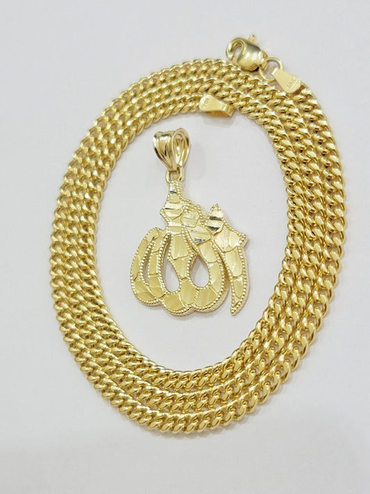 10k Yellow Gold Allah Charm Miami Cuban Chain 18 Inch Necklace 10kt Pendant Real - Reva Jeweler