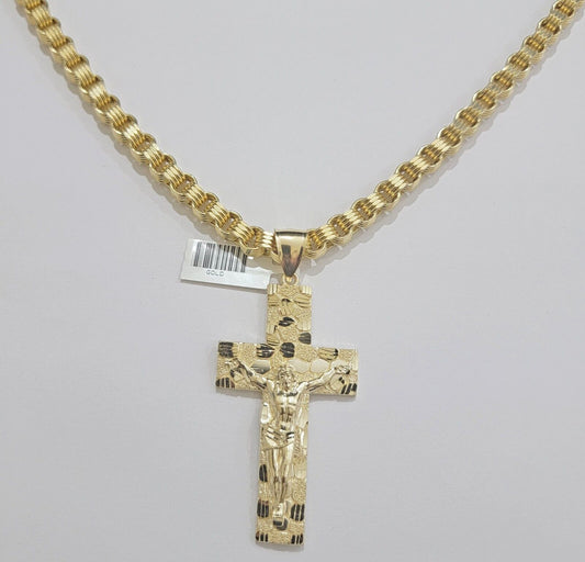 10k Yellow Gold Byzantine Chain Pendant Set REAL 10K 4mm Necklace Charm For Mens - Reva Jeweler