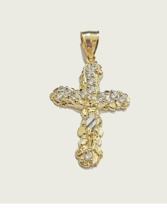 10k Yellow Gold Cross Charm pendant 1.5" With Cubic Zirconia Real 10KT Men Women - Reva Jeweler