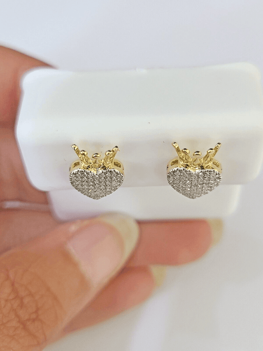 10k Yellow gold Crown Heart Earring Real Diamond screw - back Women Men studs - Reva Jeweler
