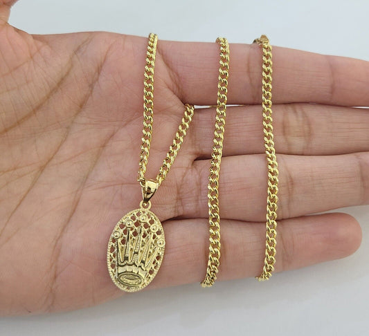10K Yellow Gold Crown Pendent Charm 3mm Miami Cubn Chain 18" 20" 22" 24" 26"Inch - Reva Jeweler