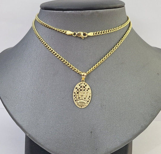 10K Yellow Gold Crown Pendent Charm 3mm Miami Cubn Chain 18" 20" 22" 24" 26"Inch - Reva Jeweler