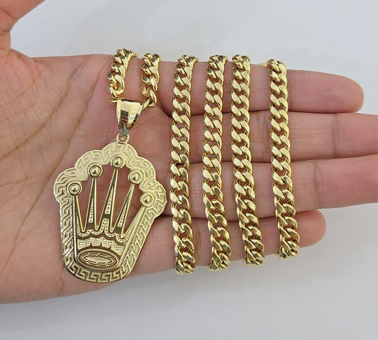 10K Yellow Gold Crown Pendent Charm 6mm Miami Cuban Link Chain 18 - 30" Inch - Reva Jeweler