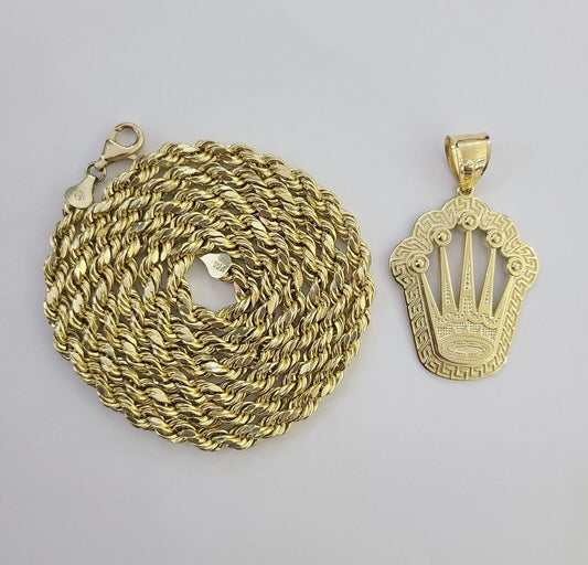 10K Yellow Gold Crown Pendent Charm 6mm Rope Chain 18" - 30" Inch Real - Reva Jeweler