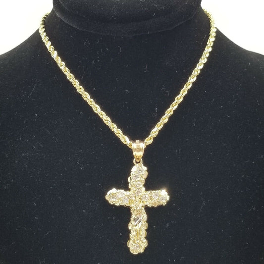 10k Yellow Gold Crucifix Cross Jesus Pendant Rope Chain 18" 20" 22" 24" 26" - Reva Jeweler