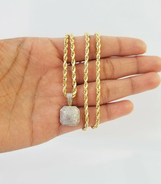 10K Yellow Gold Diamond Charm rope chain 3mm 22" SET & Pillow Pendant & Neckalce - Reva Jeweler