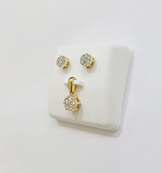 10k Yellow Gold Diamond Necklace Earring Set Ladies Charm Pendant stud Real Diam - Reva Jeweler