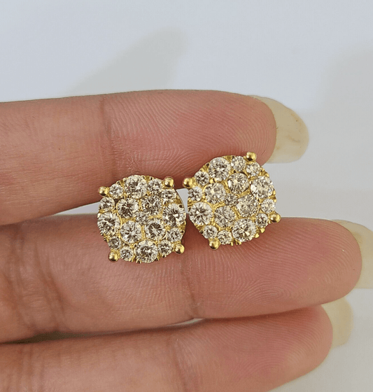 10k Yellow gold Flower Earrings Real Diamond screw - back Women Men studs - GoldenlinQ