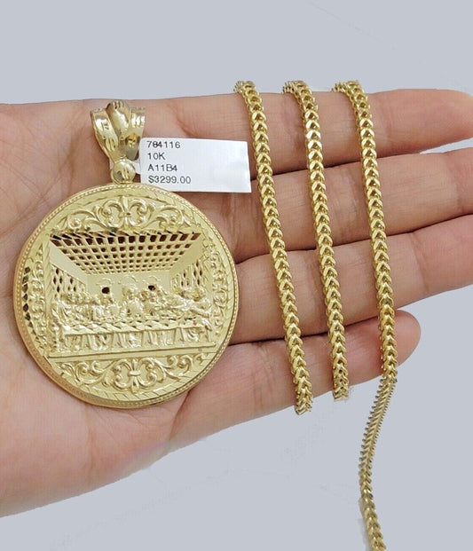 10k Yellow Gold Franco Chain Necklace Last Supper Charm Pendant 3mm 18" - 26" Inch - Reva Jeweler