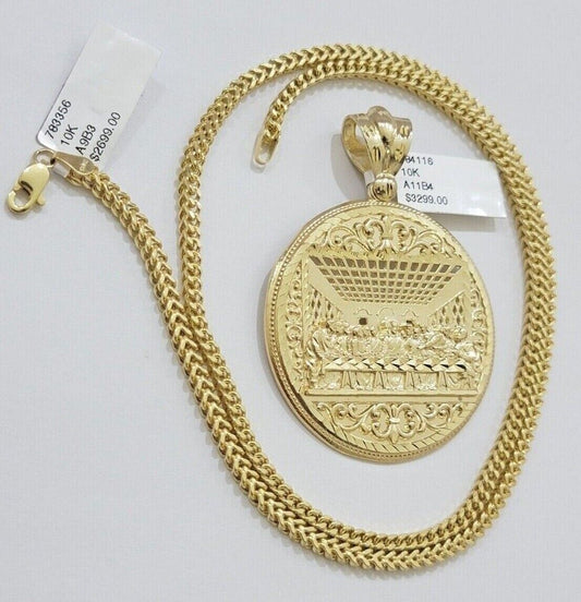10k Yellow Gold Franco Chain Necklace Last Supper Charm Pendant 3mm 20"Inch 10kt - Reva Jeweler