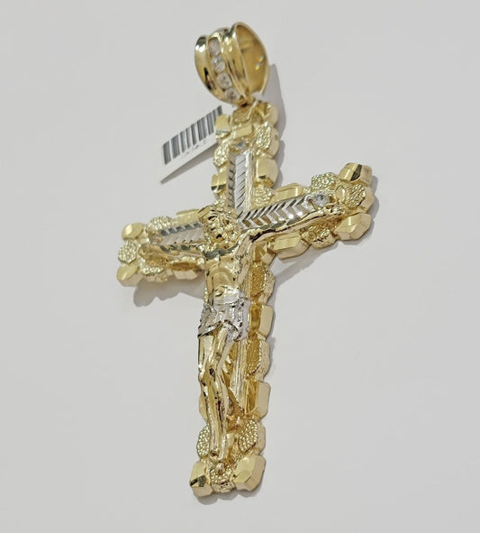 10k Yellow Gold Jesus Cross Charm pendant 4" Inch Mens With Stone, Real 10kt for Sale - Reva Jeweler