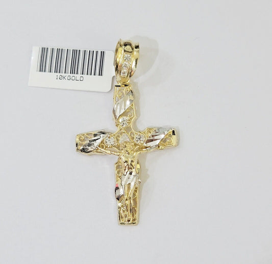 10k Yellow Gold Jesus Cross Spiral Charm pendant Diamond Cut Crucifix - Reva Jeweler