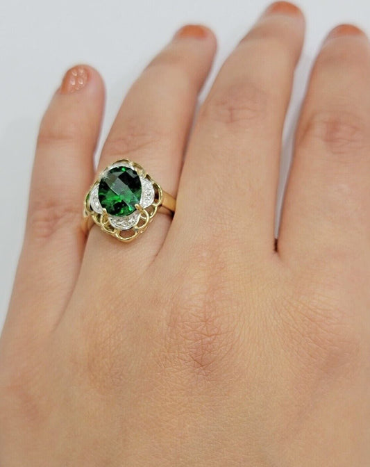10k Yellow Gold Ladies Green Ring Women's Casual Band SALE Real 10kt Brand New - Reva Jeweler