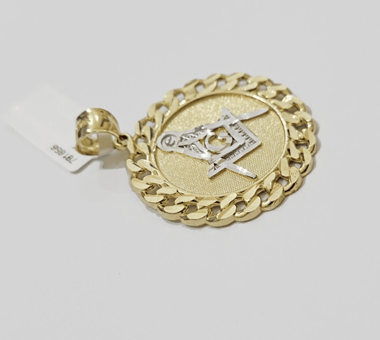 10k Yellow Gold masonic Charm pendant with cuban link circular Christmas Sale - Reva Jeweler