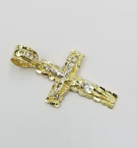10k Yellow Gold Men Crucifix Cross Charm Pendant Diamond Cut Jesus REAL - Reva Jeweler