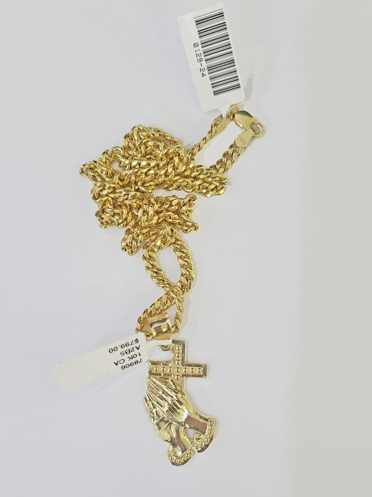 10k Yellow Gold Miami Cuban Chain & Praying Hands Cross Charm SET 3mm 22 Inches - Reva Jeweler