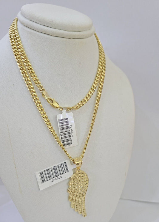 10k Yellow Gold Miami Cuban Chain & Wings Charm Pendent SET 3mm 22 Inches - Reva Jeweler
