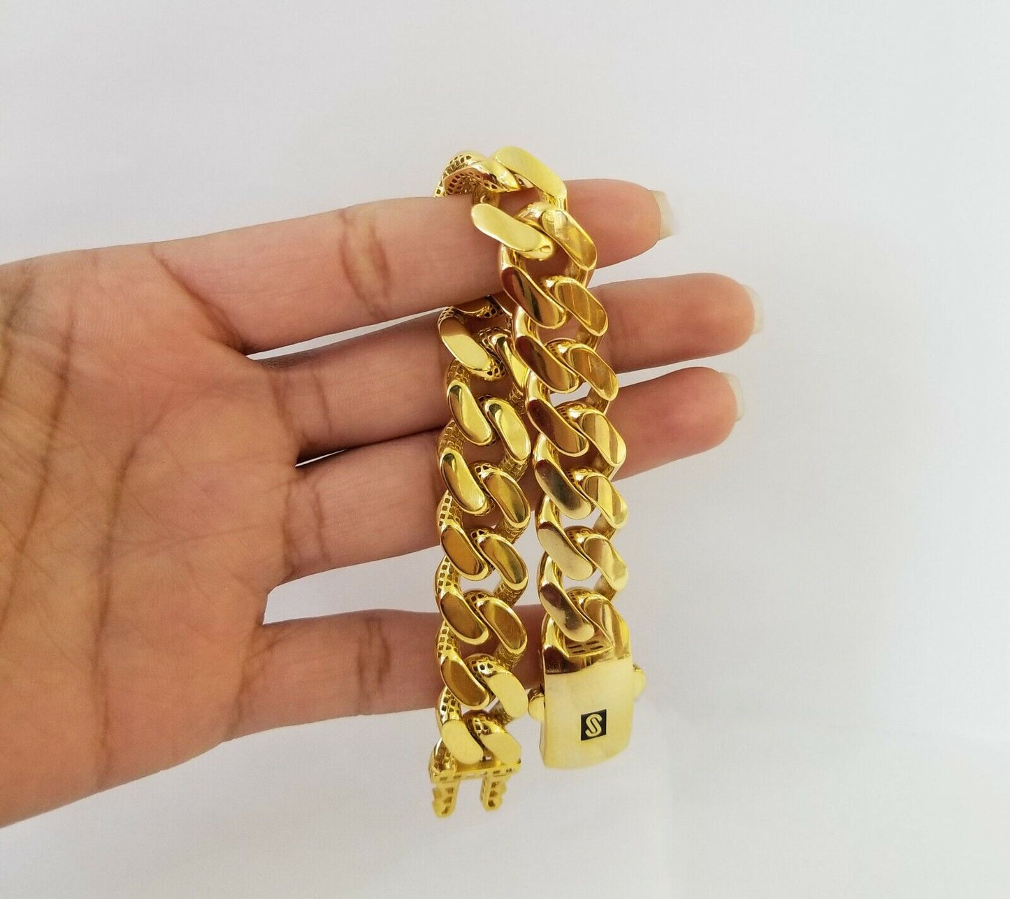 10K Yellow Gold Monaco Bracelet 8.5 inch 15mm Cuban link hand chain Real 10k - Reva Jeweler