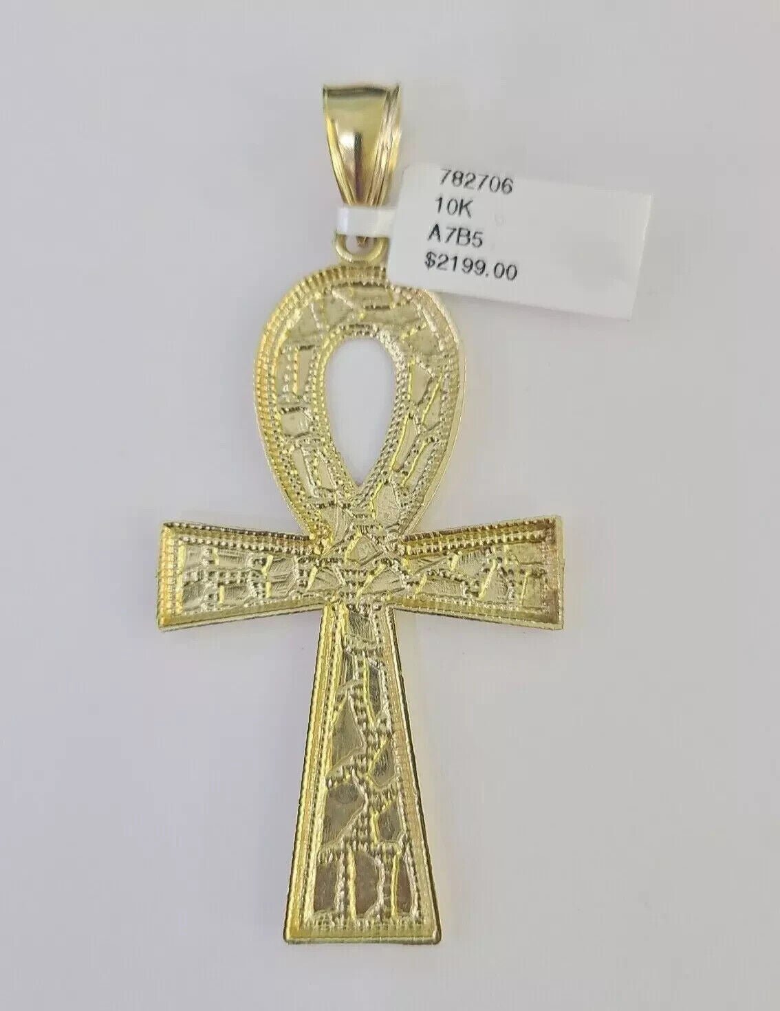 10k Yellow Gold Nugget Ankh Charm Pendant 2.75 Inch For Men's REAL 10KT Gold - Reva Jeweler