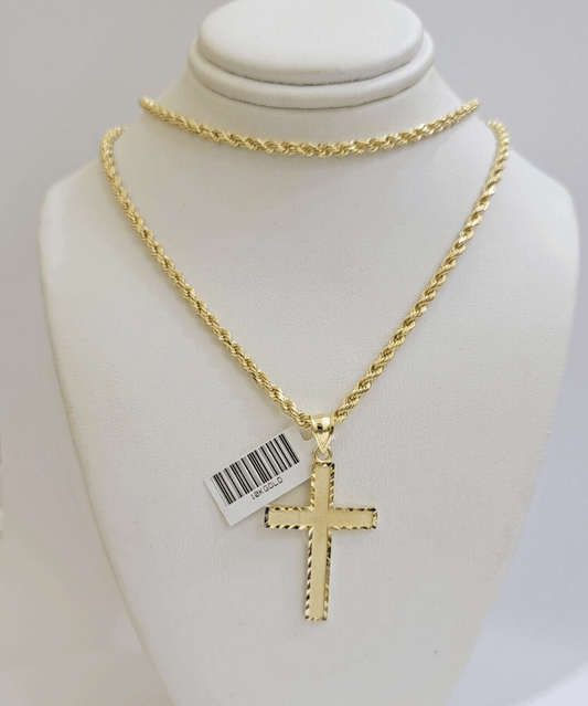 10k Yellow Gold Rope Chain & Cross Charm Set REAL 10KT 28 Inch necklace pendant - Reva Jeweler