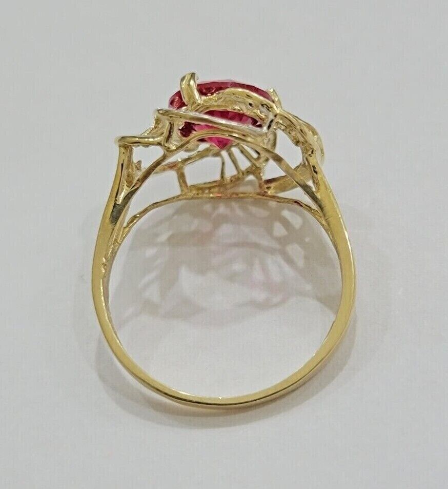 10k Yellow Gold Women Ring Pink Red Color Ladies Flower Band REAL 10KT Size 7.5 - Reva Jeweler