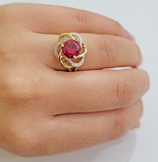 10k Yellow Gold Women Ring Pink Red Color Ladies Flower Band REAL 10KT Size 7.5 - Reva Jeweler