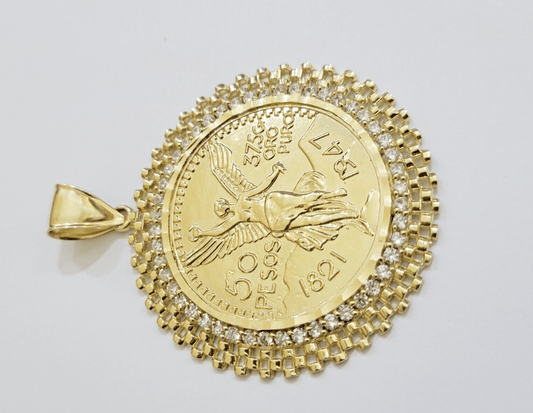 10kt Gold 1947 Mexican Centenario Coin Charm Pendant 50 pesos With 10k Bezel NEW - Reva Jeweler