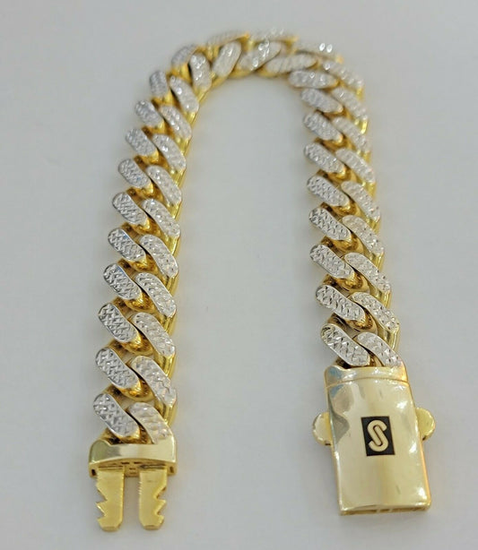 13mm Cuban Royal Link Diamond Cut Bracelet Real 10K Yellow White Gold Real 10 KT - Reva Jeweler
