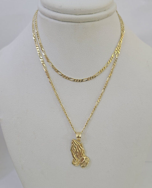 14k Figaro Chain Praying Hands Charm Pendant Gold 1.5mm 18"-24inch SET Necklace