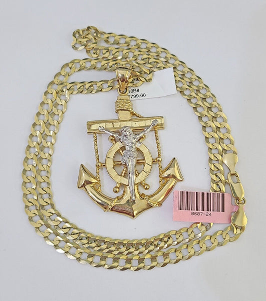 14k Gold Chain Jesus Anchor Charm Solid Cuban Curb 5mm 20" - 26" Inch SET Necklace - GoldenlinQ