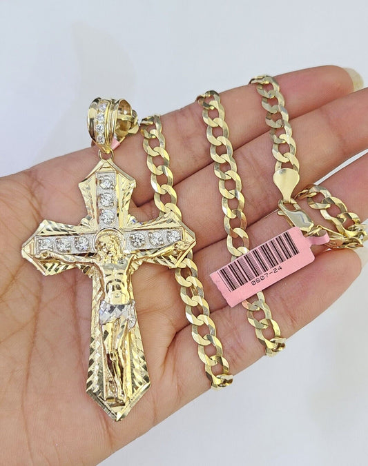 14k Gold Chain Jesus Cross Charm Solid Cuban Curb 5mm 20" - 26" Inch SET Necklace - GoldenlinQ